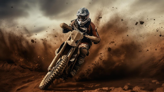 Motocross racer accelerating in dust track motocross bike in a race representing the concept of spe