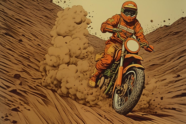 Motocross rider in action Illustration done in vintage style