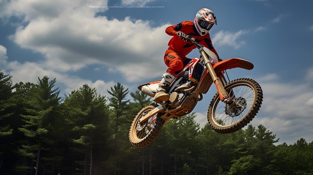 Motocross rider catching air on a dirt track race