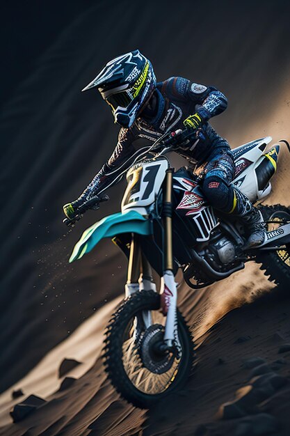 Photo motocross rider in the desert generative ai