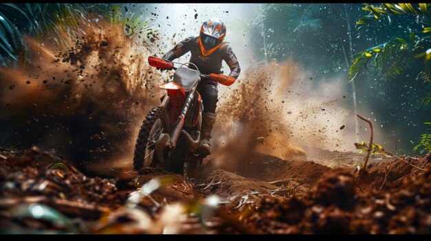 Motocross rider on a dirt track with a cloud of dust and debris