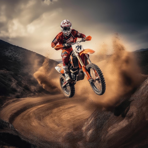 モトクロス ライダーの写真のリアルなイラスト生成 AI 男ヘルメット バイクのほこり