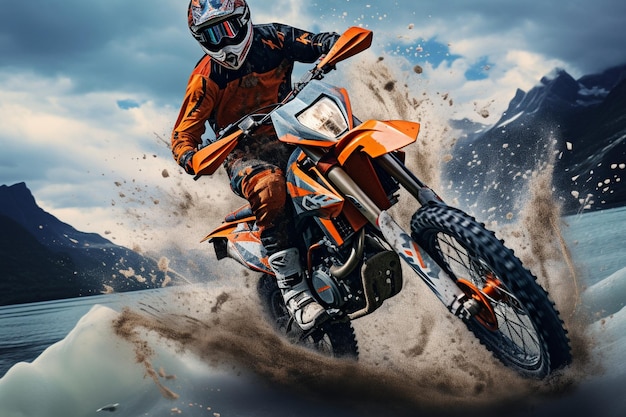 Motocross rider on the race on the background of high mountains