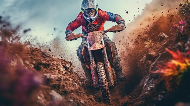 Photo motocross rider on the race extreme enduro racegenerative ai