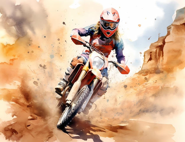 Motocross rider racing in a large cloud of dust and debris