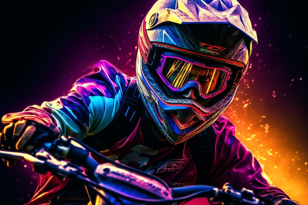 A motocross rider wearing helmet colorful background