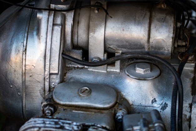 모터 바이크 디테일 - 엔진 블록, 오토바이의 금속 부품.