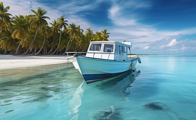 소풍 및 스노클링을 위한 모터 보트 몰디브의 열대 해변 몰디브 섬의 고급 리조트 여행 및 관광 여름 휴가 개념