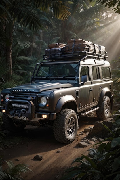 Foto automobile toyota mega cruiser che guida su una strada forestale