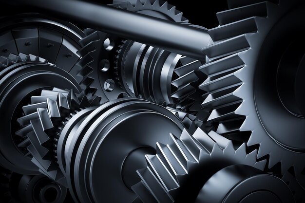 Photo motor engine closeup gears cogwheels real engine elements background heavy industry 3d rendering