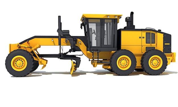 Foto motor grader zware bouwmachines 3d-weergave op witte achtergrond