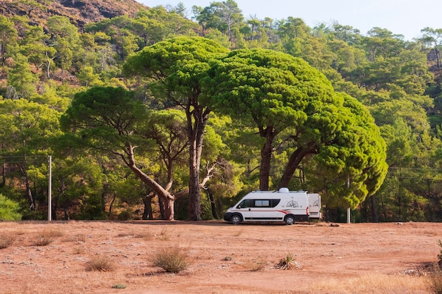 Motor home under a cedar in the Mediterranean Landscapes of the Lycian Trail in Turkey