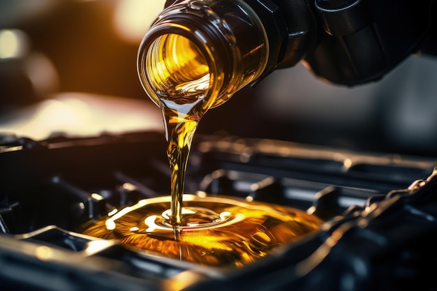 Photo motor oil in the mechanism of a car engine care for durability and efficiency car engine with lubricant oil on repairing concept of lubricate motor oil