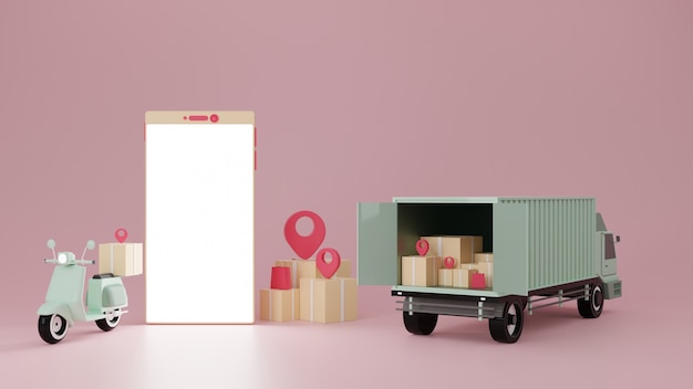 Motorbike and delivery truck with smartphone on pink background