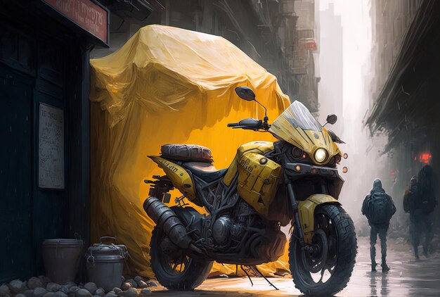 A motorbike parked on the street with a yellow tarp covering it