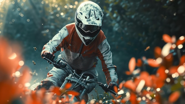 Foto motociclista con casco nella foresta ai generativa