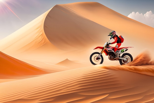 뒷면에 모토라는 단어가 있는 사막의 오토바이 라이더