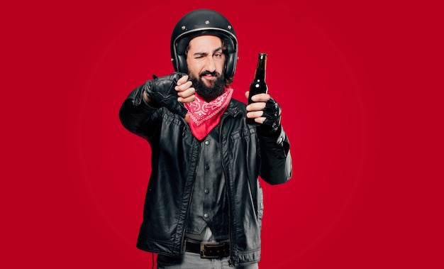 Motorbike rider with a beer bottle