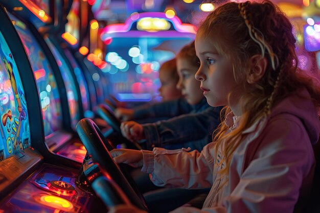 Foto motorbike rijden spel in de neon lichten arcade is vermakelijk voor kleine kinderen ruimte generatieve ai