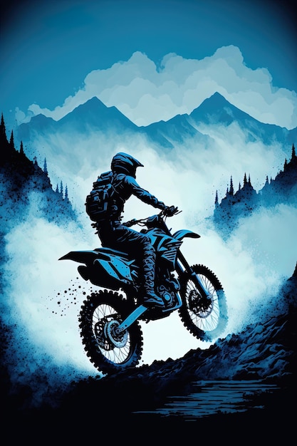 Фото Силуэт мотоцикла с голубой горой на заднем плане цифровое искусство