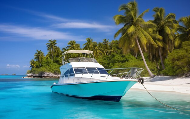 離れた島で水晶のように澄んだ水で停泊したモーターボート ジェネレーティブAI