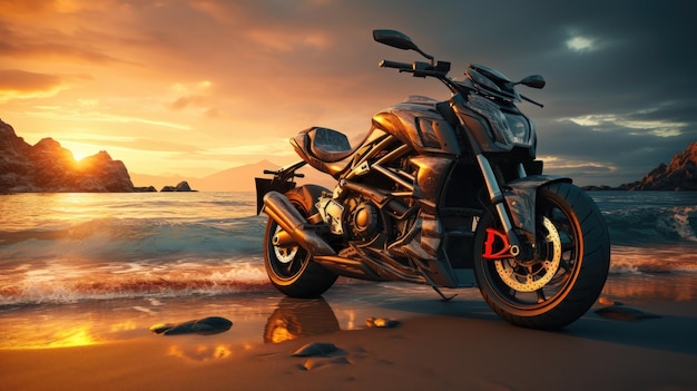 Motorcycle Adventure on Indian Beach at Sunrise Scenic Travel Destination and Journey