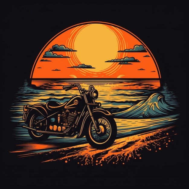 A motorcycle on the beach with the sun behind it