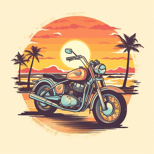 Motorcycle on the beach with a sunset background.
