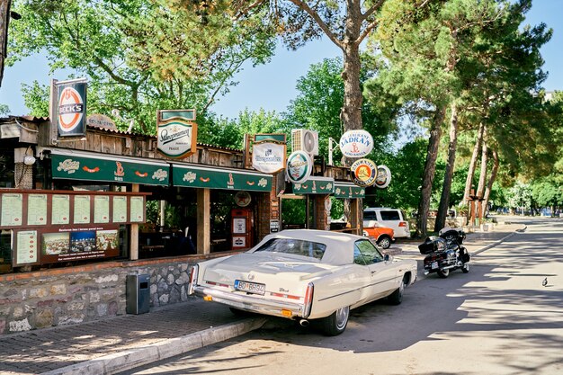 公園のバーの近くにバイクと車が立っています