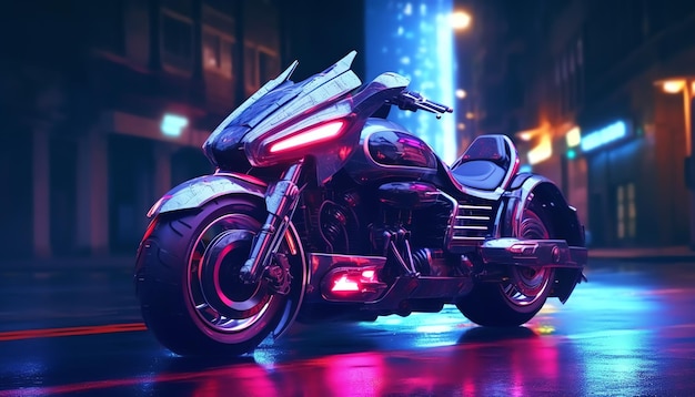 A motorcycle in a city street with lights on