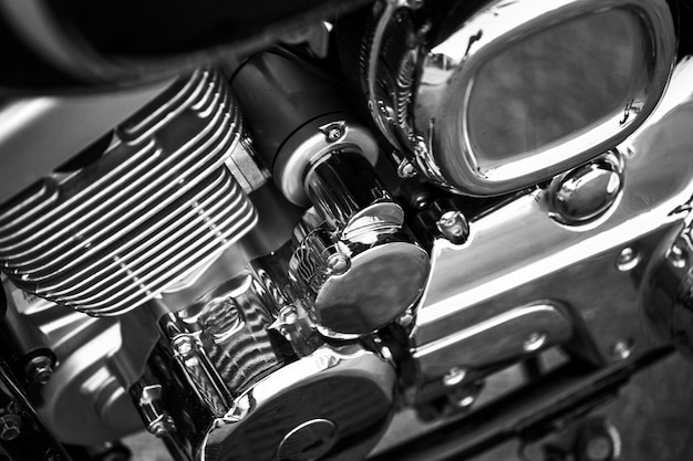 Motorcycle close-up. beautiful chrome details. black and white photography