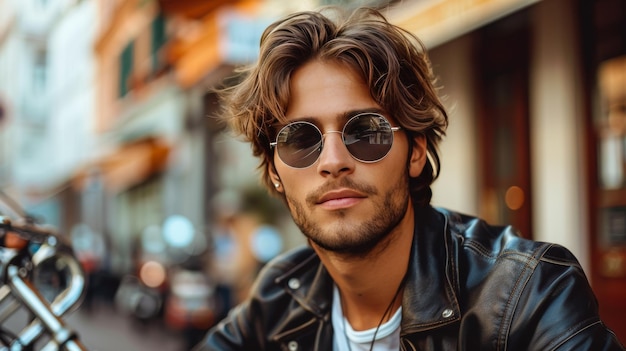 Мотоцикл крутой стильный молодой человек в солнцезащитных очках