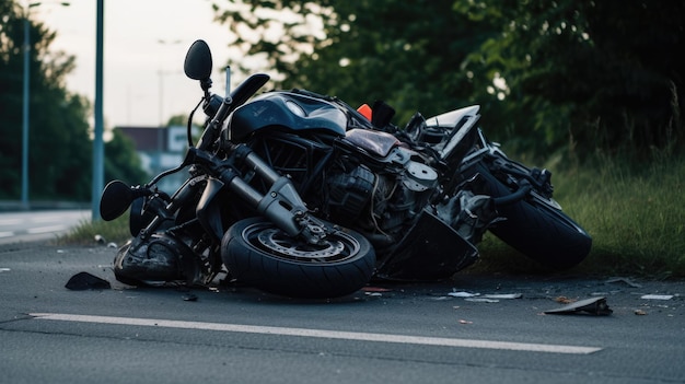 Motorcycle damaged after an accident on the highway