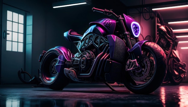 A motorcycle in a dark alley with neon lights.