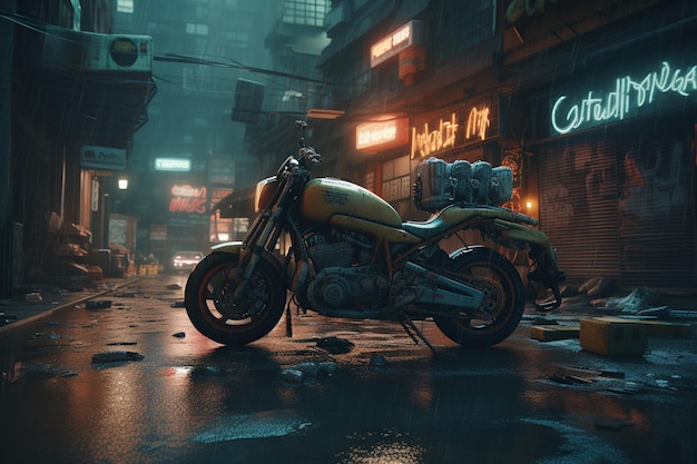 「オートバイ」と書かれたネオンサインを持つ暗い街のバイク