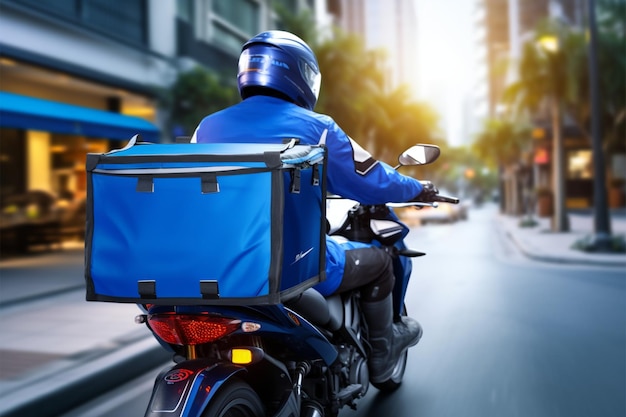 Photo motorcycle delivery blue clad courier transports parcels with speed and efficiency