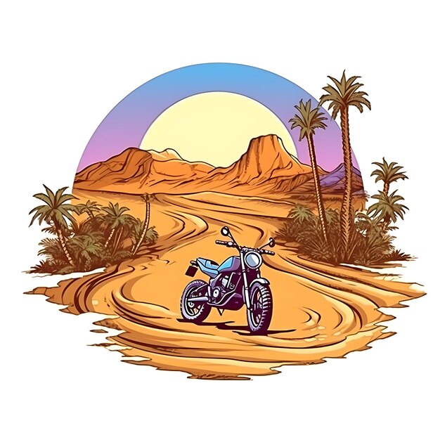 A motorcycle in the desert with palm trees in the background Generative AI