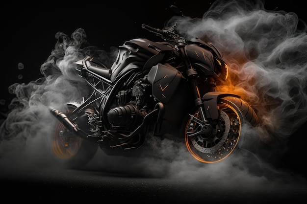 Motorcycle detail on a dark background with smoke side view AI generation