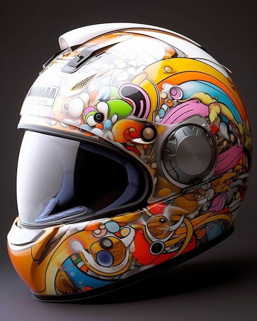 A motorcycle helmet with a colorful design on it.