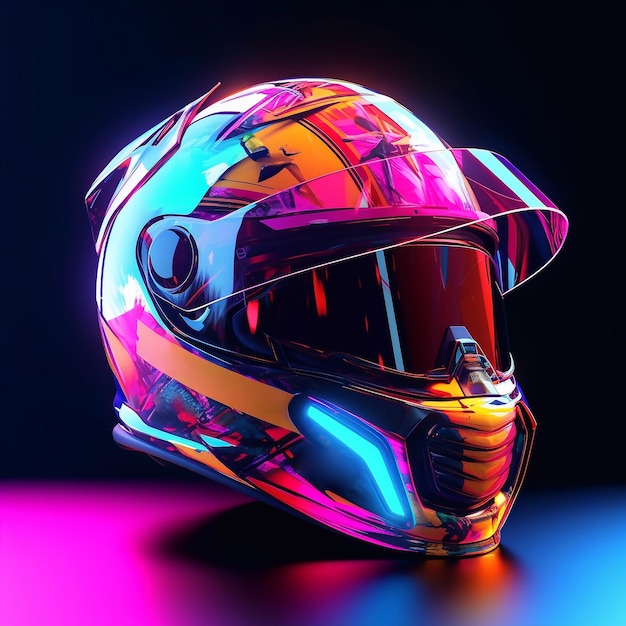 ネオン照明の暗い背景のヘルメットガラスにネオンライトが付いたオートバイのヘルメット
