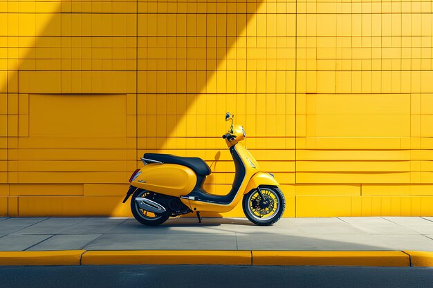 Motorcycle is in front a yellow wall