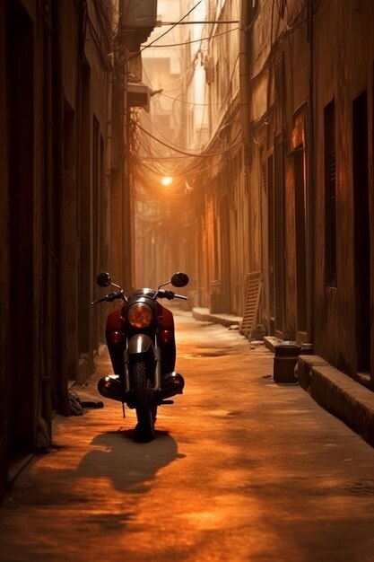 A motorcycle is parked in an alley in the evening.