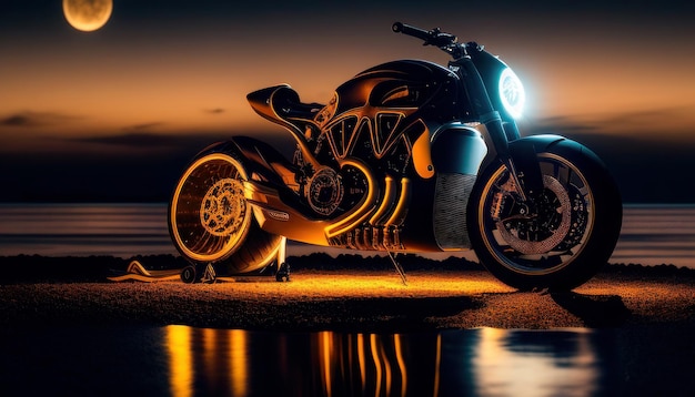 A motorcycle is parked on the beach with the lights on.