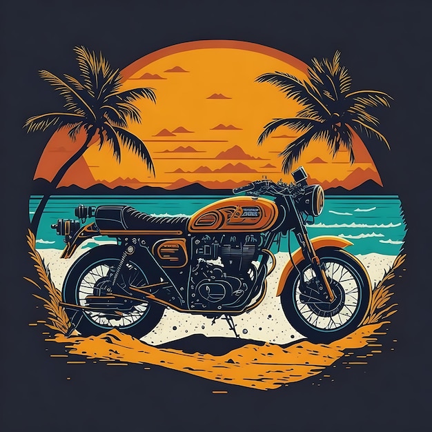 Photo a motorcycle is parked on the beach with palm trees in the background ai generated