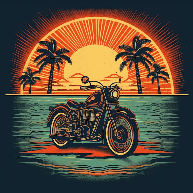 A motorcycle is parked on the beach with palm trees in the background.