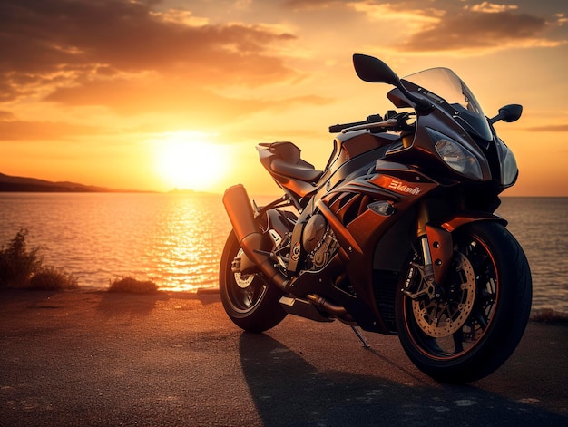 A motorcycle is parked on the beach with the sun setting behind it.