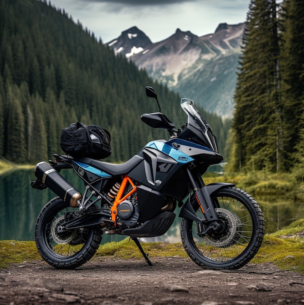 a motorcycle is parked by a mountain lake.