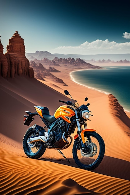 A motorcycle is parked in the desert with the ocean in the background.