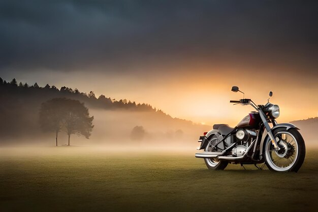 A motorcycle is parked in a field with trees in the background