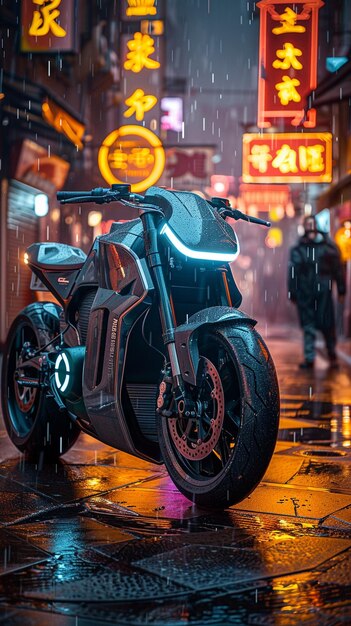 A motorcycle is parked in front of a neon sign that says